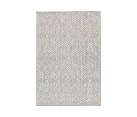 Grauer, faltbarer Outdoor-Teppich „Diamond Rhythm“ mit weißem geometrischem Muster.