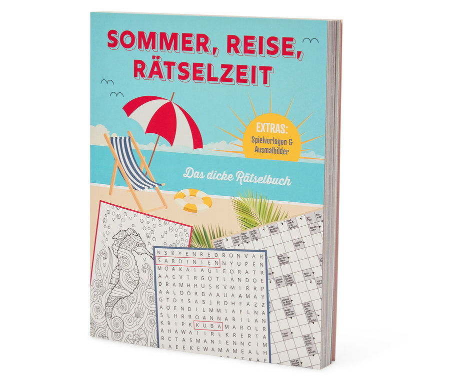 Abbildung eines Buchcovers mit dem Titel "Das dicke Rätselbuch" (Das dicke Rätselbuch) mit einem Strandmotiv, Rätseln und Zusatzmaterialien.
