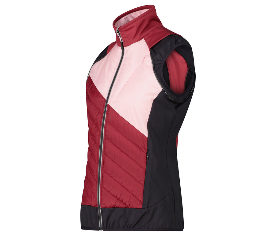 Seitenansicht einer gesteppten Damenweste mit roten, rosa und schwarzen Einsätzen.