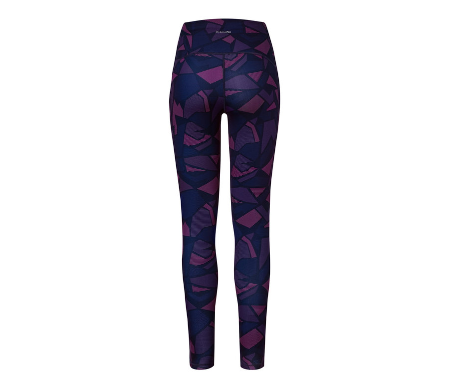 Detailansicht der Rückseite einer Sporttight mit einem geometrischen Muster in Dunkelblau und Lila.