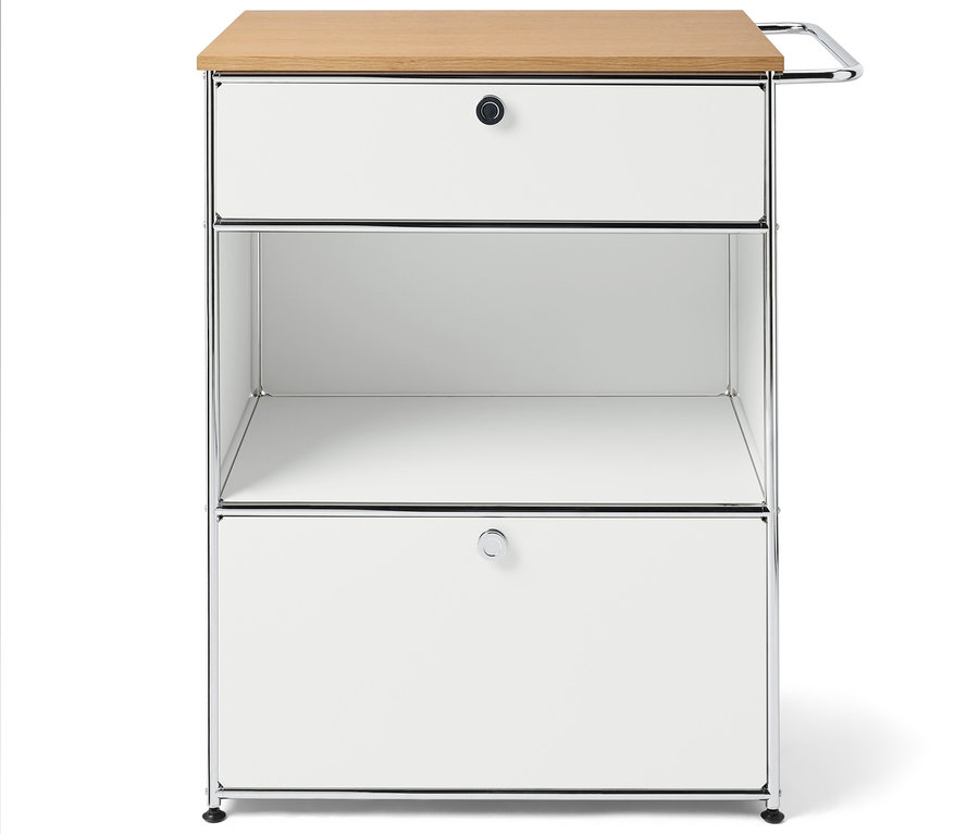 Weißes Aufbewahrungselement mit zwei Schubladen und einer Holzplatte oben.