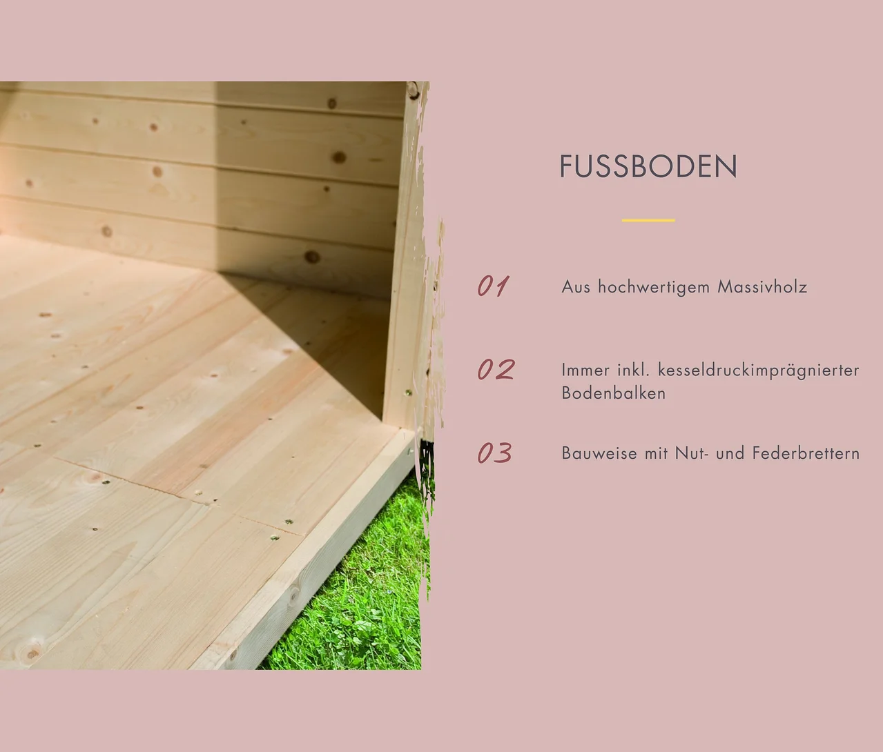 Detailaufnahme eines Holzfußbodens mit Beschreibung der Eigenschaften.