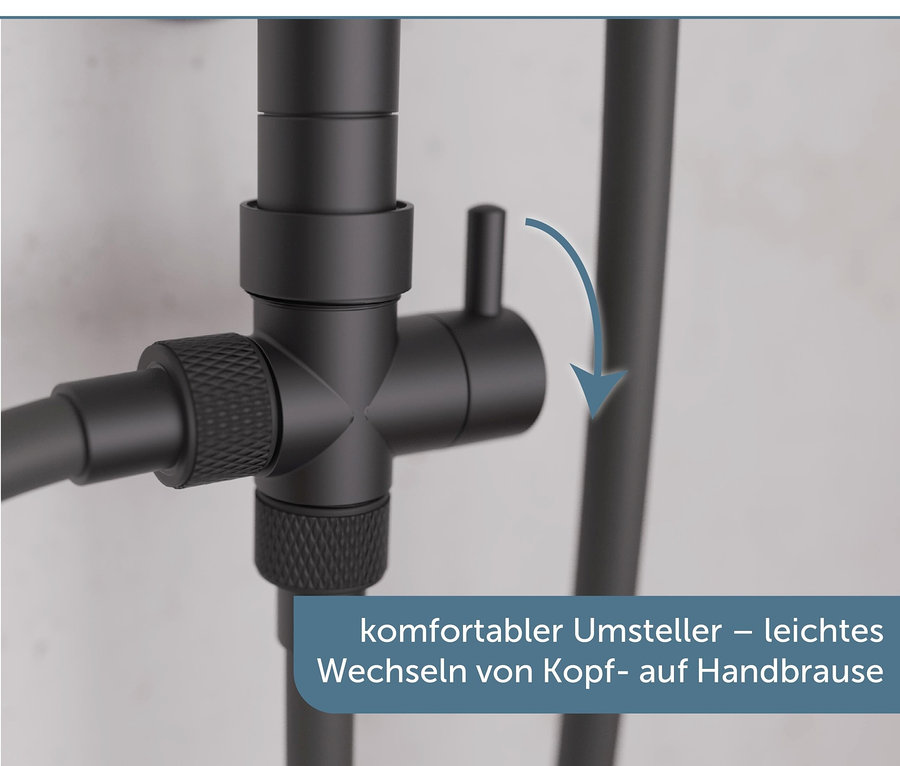 Nahaufnahme des schwarzen Umschalters des Überkopfbrause-Sets »Mallorca«.