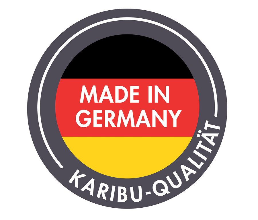 Rundes Logo mit deutscher Flagge, dem Schriftzug "MADE IN GERMANY" und dem Text "KARIBU-QUALITÄT".