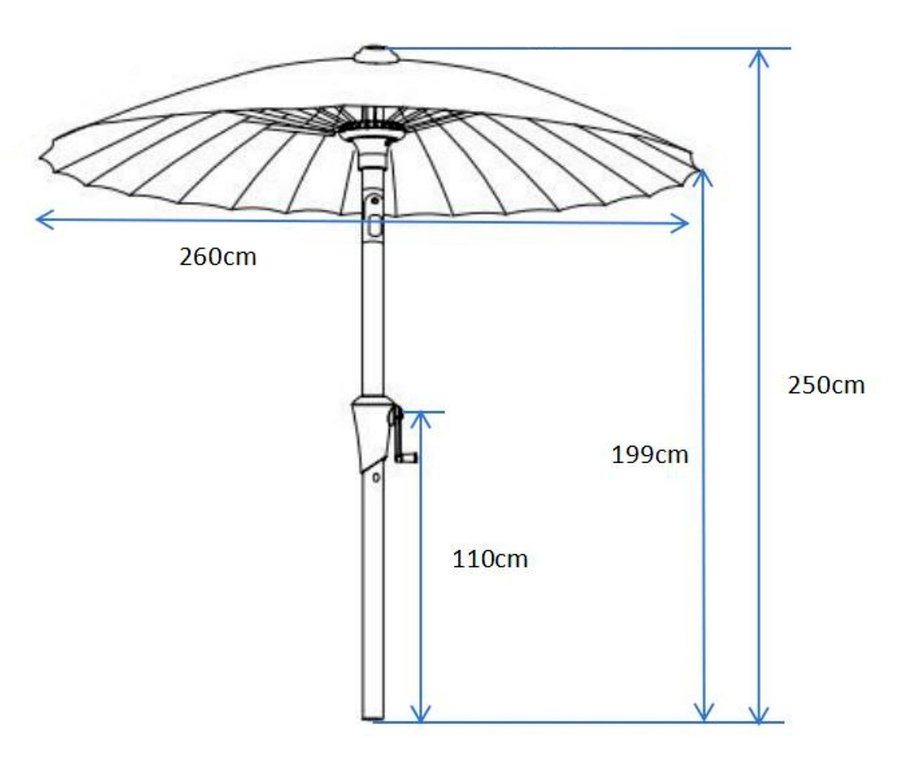 Eine Skizze des Leco Shanghai Sonnenschirms mit einem Durchmesser von 270 cm und Abmessungen.