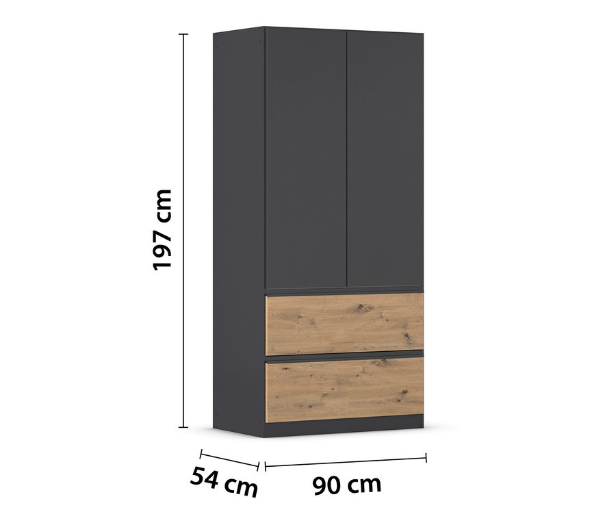 Grauer rauch Kleiderschrank »Joel« mit 2 Türen und 2 Schubladen, Eiche Artisan Dekor.