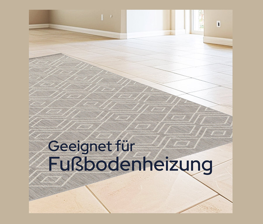 Detailansicht eines grauen, faltbaren Outdoor-Teppichs „Diamond Rhythm“ auf hellem Fliesenboden.