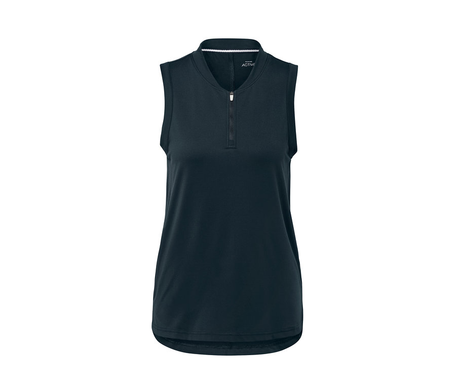 Dunkelblaues Funktionstop mit kurzem Reißverschluss.