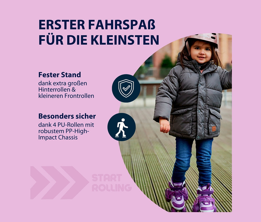 Mädchen mit Jacke und Helm fährt auf lila HUDORA Rollschuhen »My First Quad«.