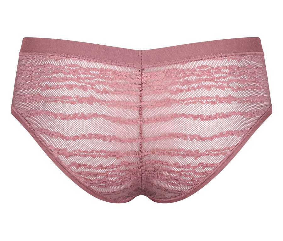 Detailaufnahme von Damenunterwäsche in Rosa mit floraler Spitze, Rückansicht.