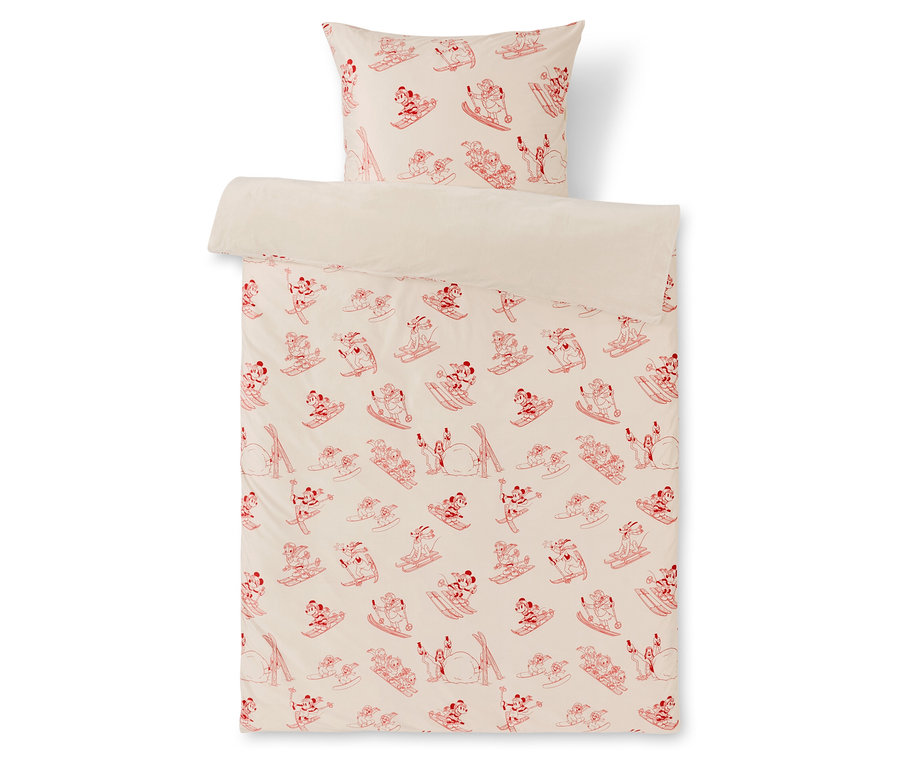 Bettwäsche mit rotem Muster von Ski fahrenden Figuren auf weißem Hintergrund.