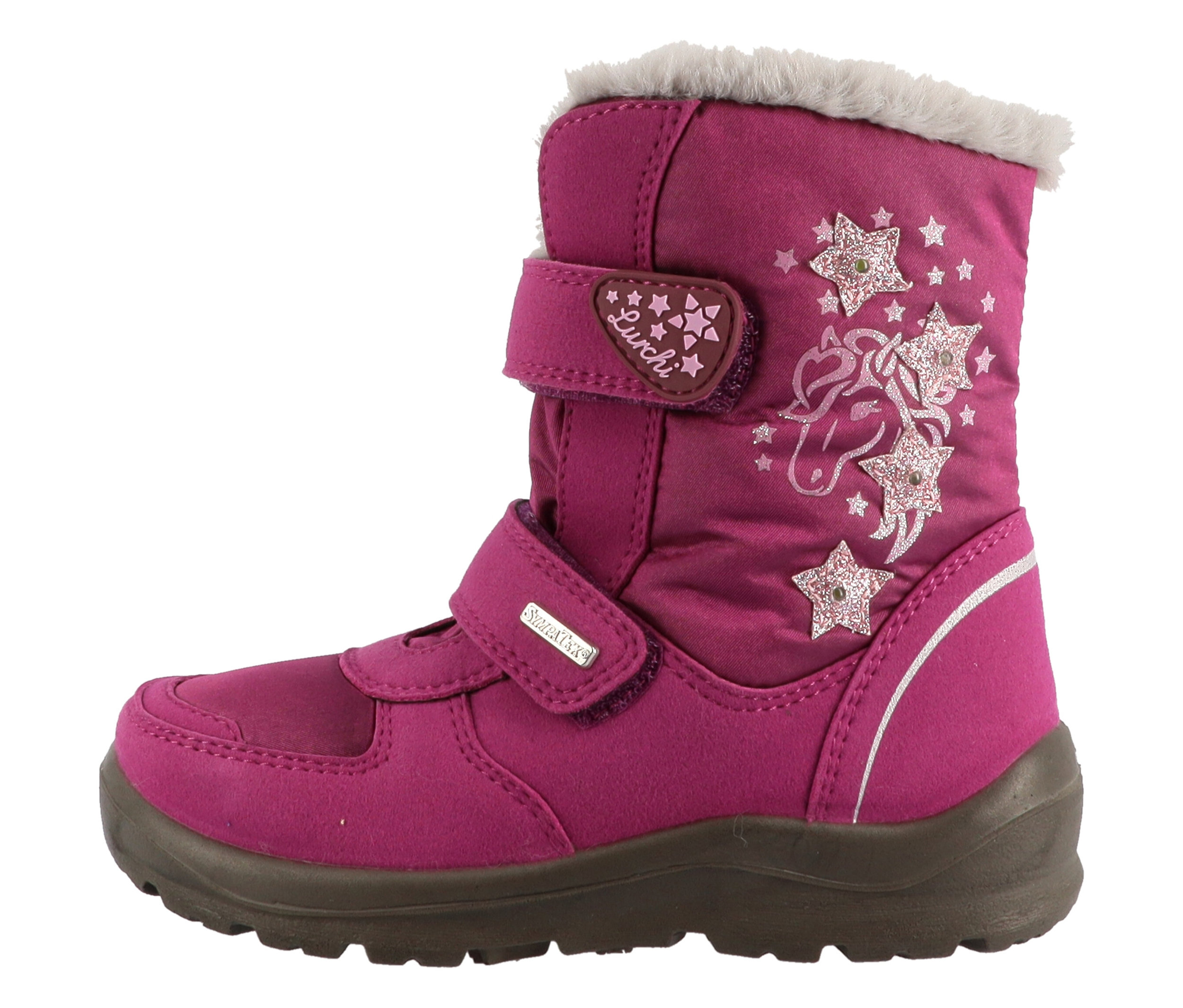Ein pinker Winterstiefel von LURCHI »Kasandra-SYMPATEX« mit Pferde- und Sternmotiven.