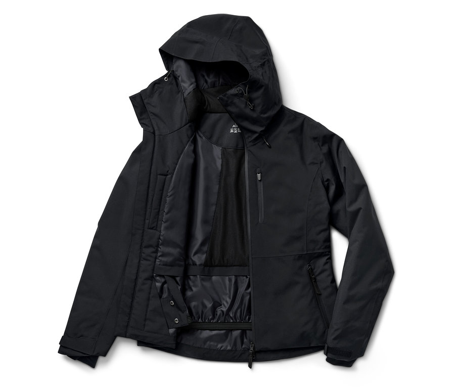 Schwarze Kapuzenjacke, offen, Innenfutter sichtbar.