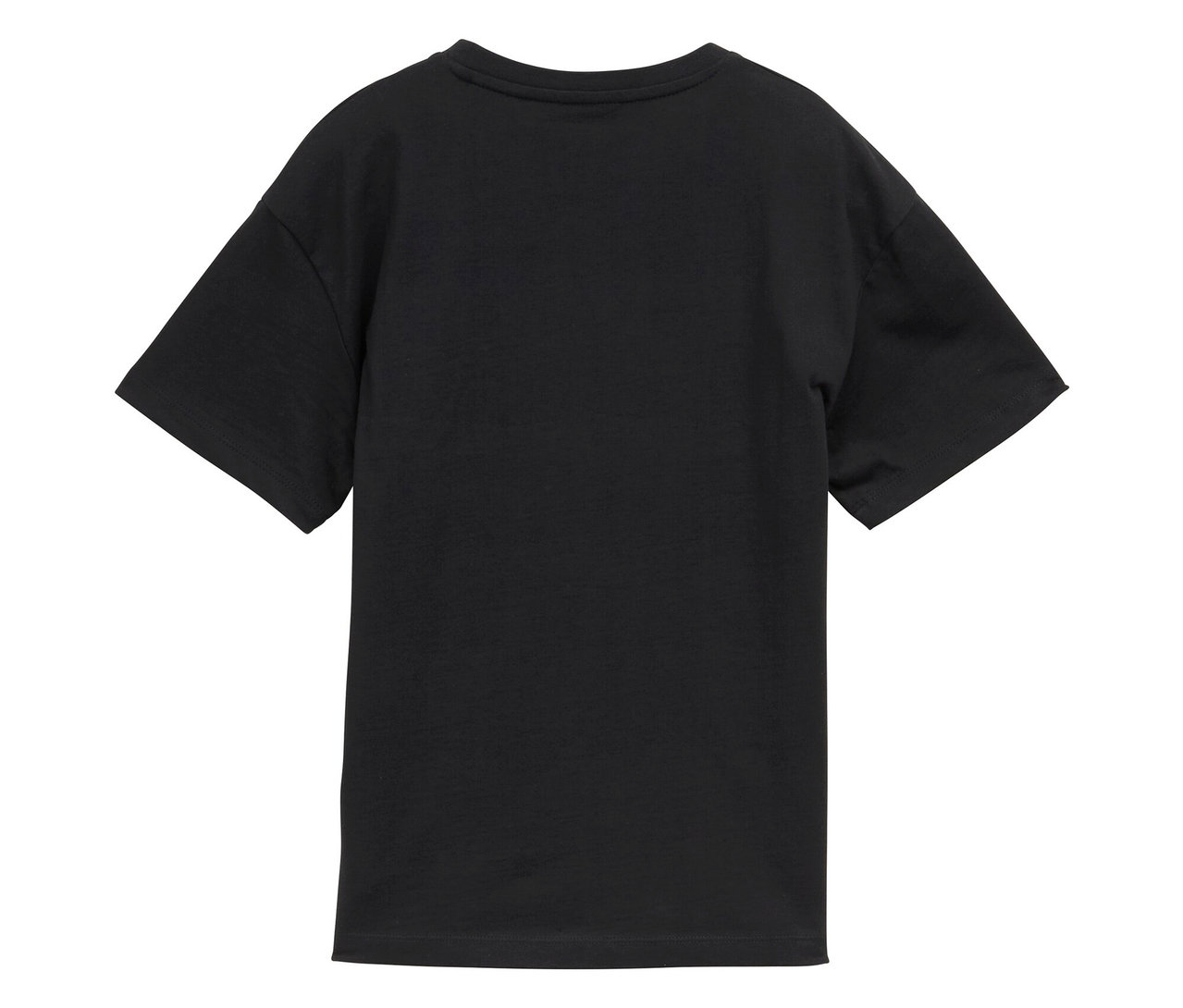 Detailansicht eines schwarzen T-Shirts von hinten.