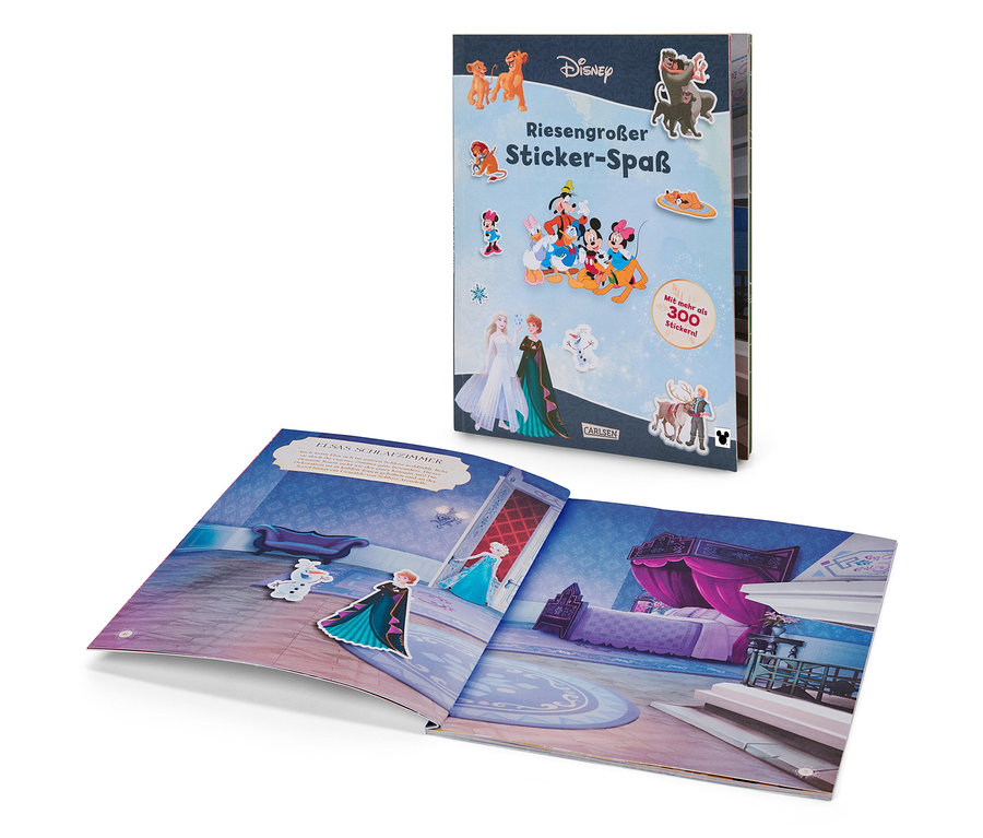 Aufgeschlagenes Disney Stickerbuch mit Frozen-Motiven und anderen Disney-Figuren.