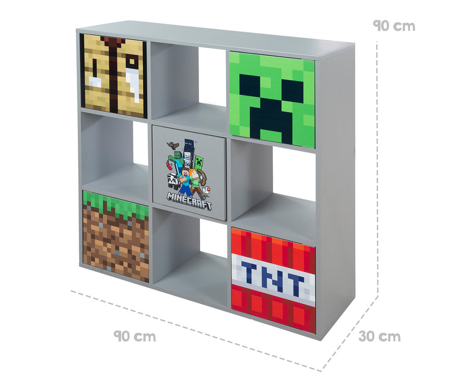 Graues roba Minecraft Regal mit neun Fächern und Minecraft-Motiven.