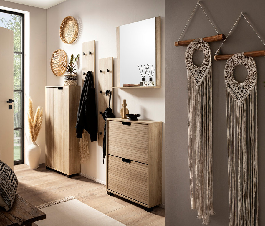 Flur mit Schuhschrank, Garderobe und Spiegel »Emmik«, Weißeiche.
