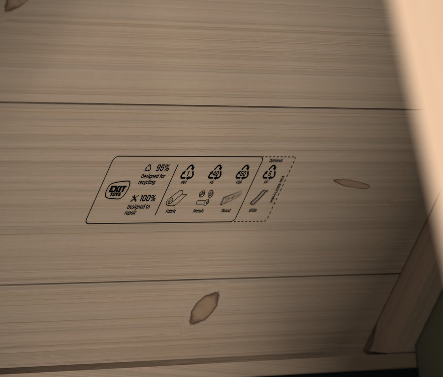 Detailansicht des EXIT Spielhaus »Yuki 300« mit Informationen zur Recyclingfähigkeit.