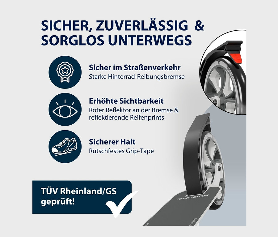 Detailansicht eines grau-weißen HUDORA Scooter BigWheel® 205 mit Beschreibungen zu Produkteigenschaften und Sicherheitsmerkmalen.