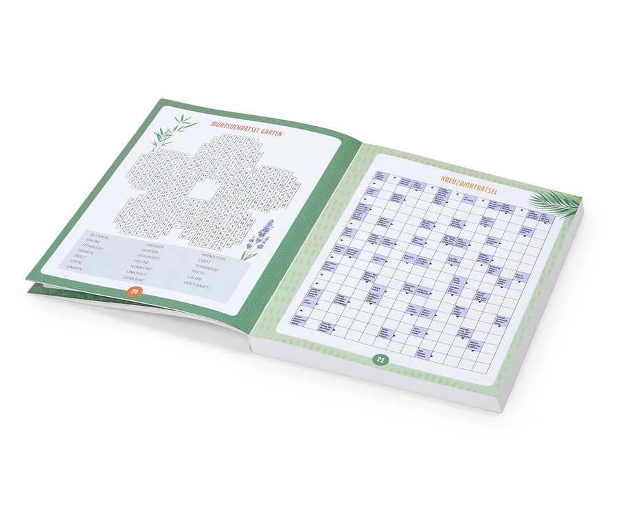 Aufgeschlagenes Rätselheft mit Wortsuchrätsel und Kreuzworträtsel zum Thema Garten.