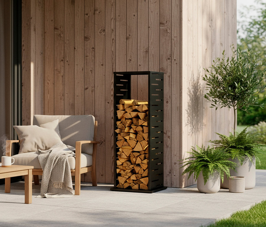 Brennholzregal aus schwarzem Metall, gefüllt mit Holzscheiten, steht auf einer Terrasse neben einem Holzhaus.