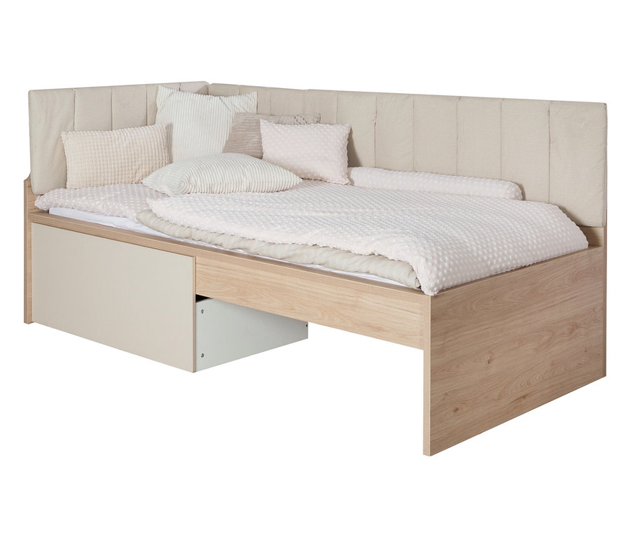 Roba Jugendbett »Louisa«, 90 x 200 cm mit heller Holzstruktur, Schublade und beigen Polstern und Kissen.