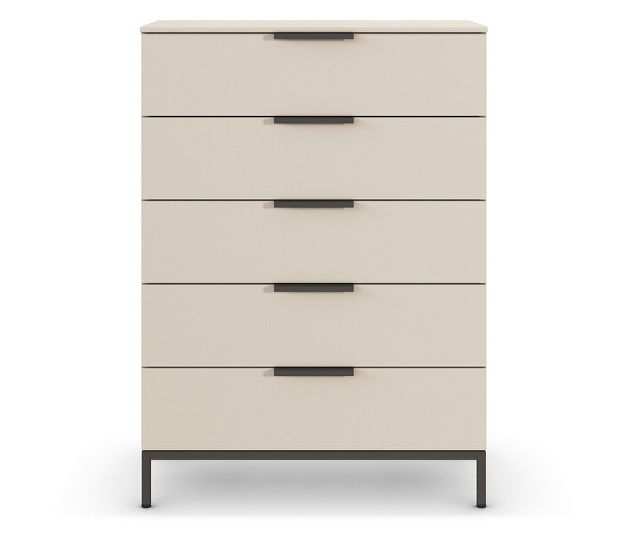 Ein hoher, beiger Schrank mit fünf Schubladen und schwarzen Griffen steht auf einem weißen Hintergrund.
