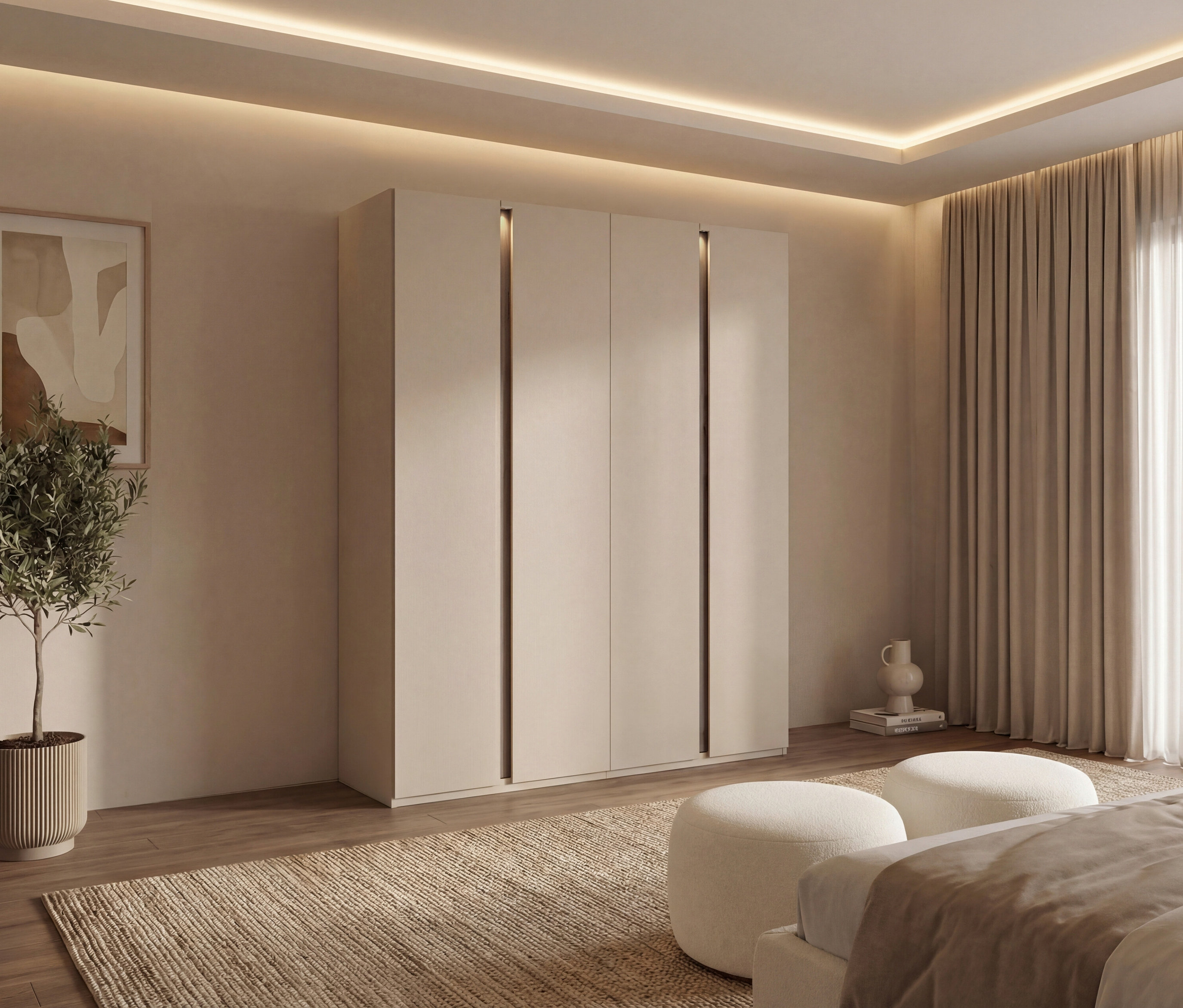 Ein rauch Kleiderschrank »Luana«, 4-türig, mit Beleuchtung, steht in einem Schlafzimmer mit Vorhängen, zwei Hockern und einem Bett.