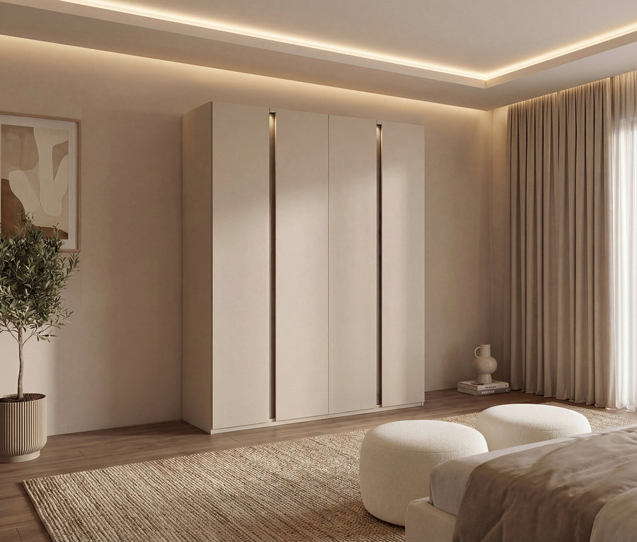 Ein rauch Kleiderschrank »Luana«, 4-türig, mit Beleuchtung, steht in einem Schlafzimmer mit Vorhängen, zwei Hockern und einem Bett.