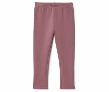 Mauvefarbene Leggings mit elastischem Bund liegen auf einem weißen Hintergrund.