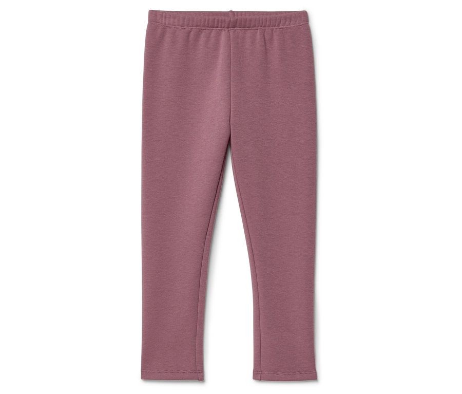 Mauvefarbene Leggings mit elastischem Bund liegen auf einem weißen Hintergrund.