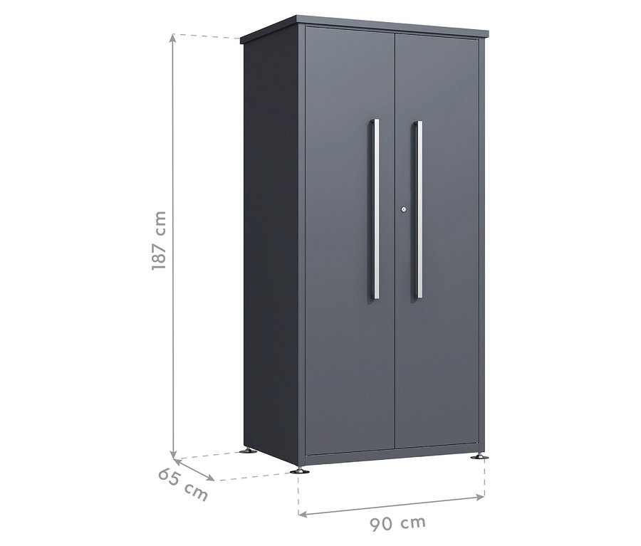 Grauer Schrank mit zwei Türen, silbernen Griffen und Höhenangabe 187 cm, Tiefe 65 cm, Breite 90 cm.