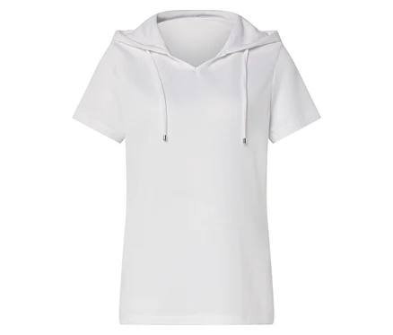 Weißes T-Shirt mit Kapuze und Kordelzug.