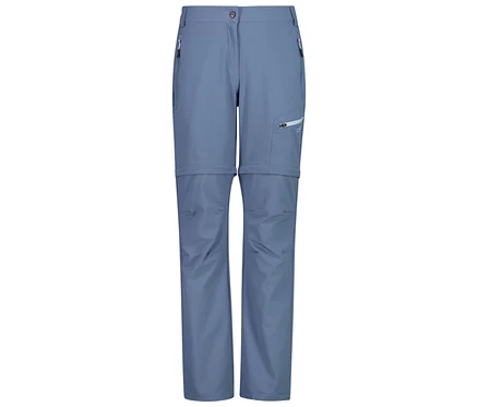 Eine blaue, lange, teilweise geöffnete Hose mit Taschen ist vor einem weißen Hintergrund zu sehen.