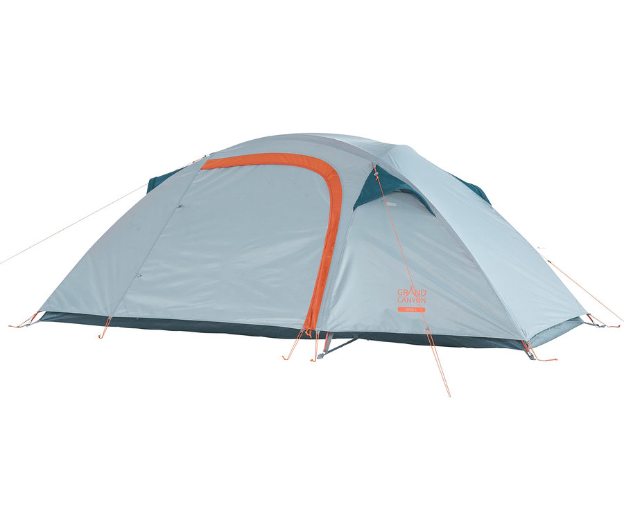 Das aufgebaute Grand Canyon »Apex« 1-Personen-Trekkingzelt in Grau mit orangefarbenem Rand am Eingang ist von vorne zu sehen.