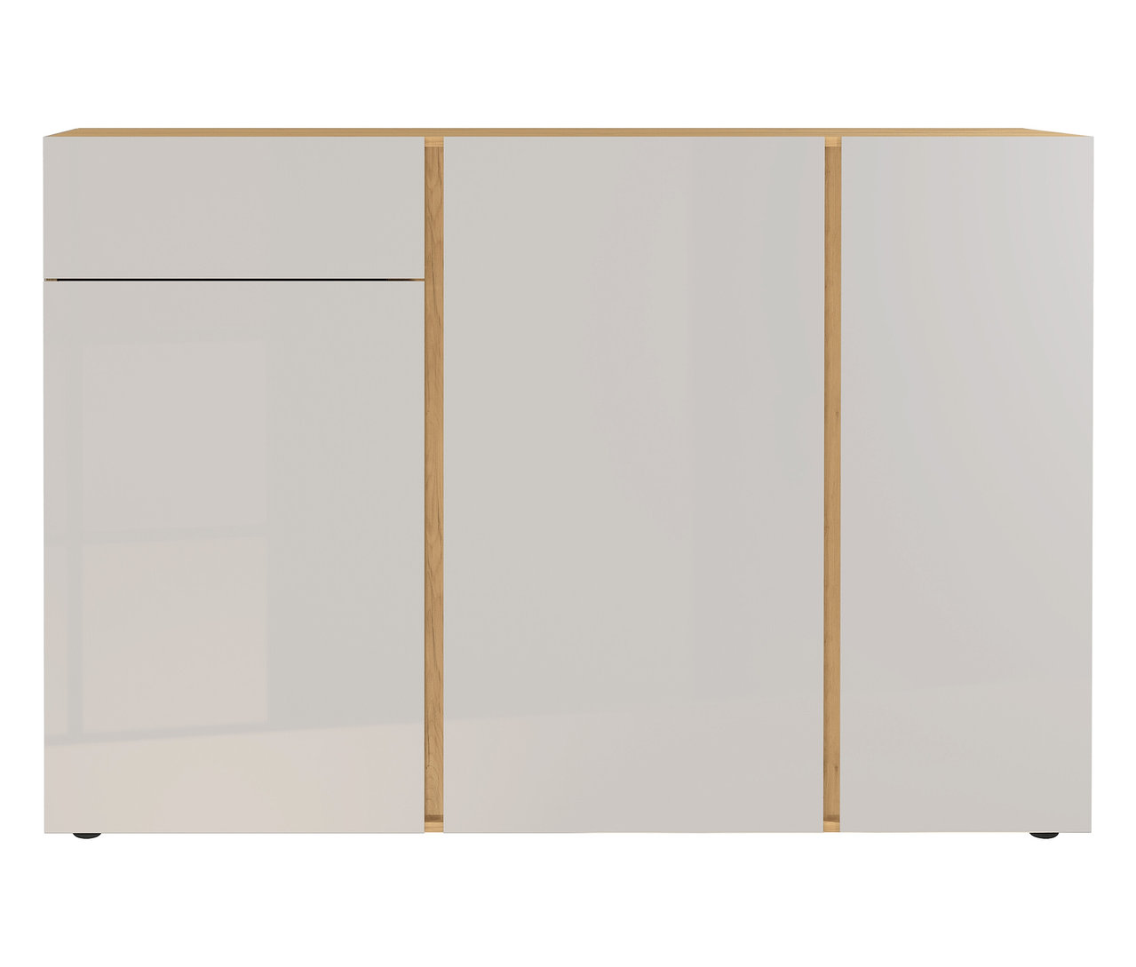 Weißer Schrank mit Schublade und Holzelementen.