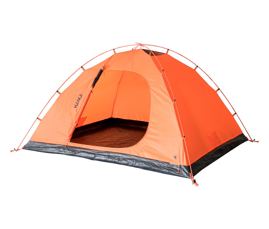Orangefarbenes Tambu »HAIKA 4« 4-Personen-Kuppelzelt vor einem weißen Hintergrund.