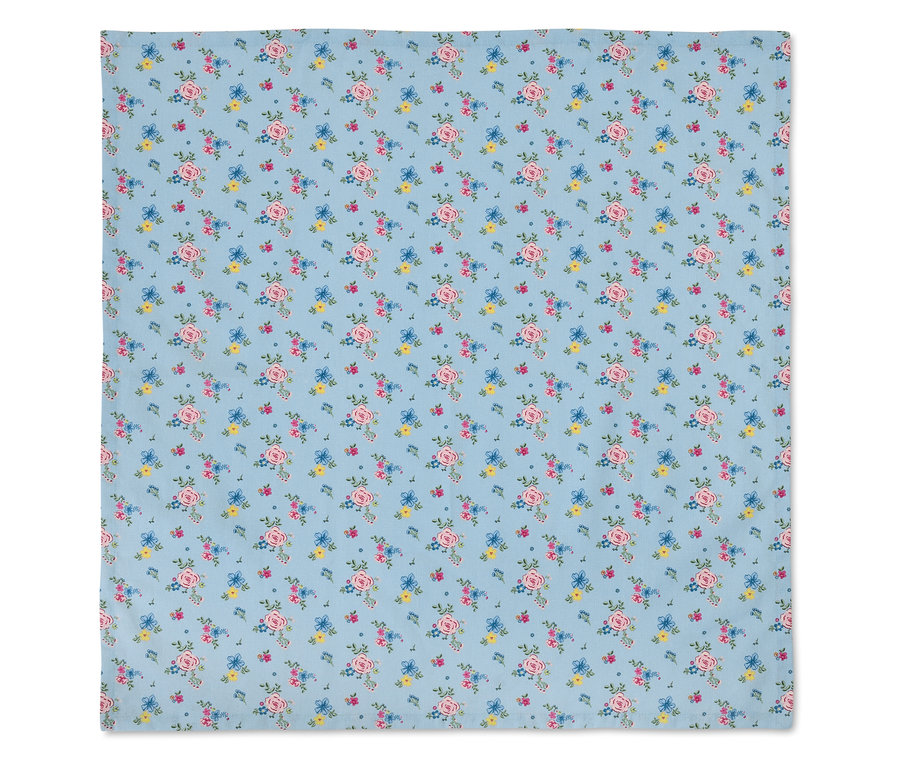 Blaues Tuch mit Rosen- und Blumenmuster.