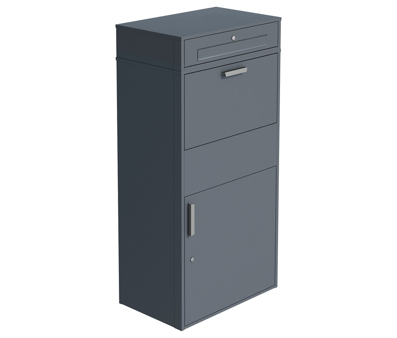 Freistehende graue Paketbox XXL mit Tür und Briefschlitz.