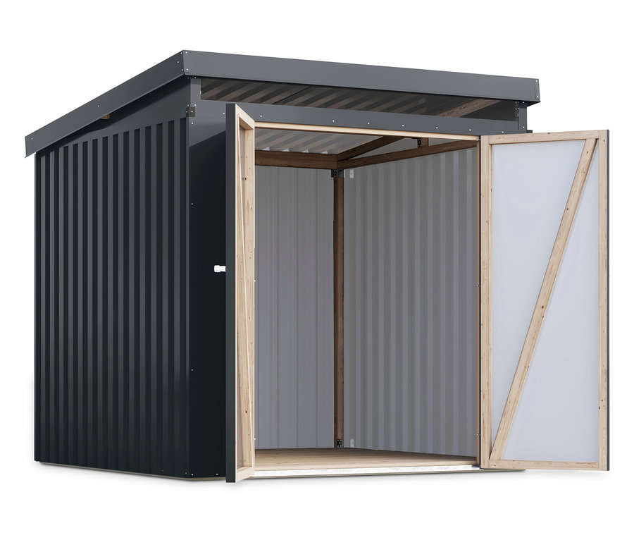 Geöffnetes, anthrazitfarbenes Karibu Metall-Gerätehaus »Anuke 2« mit Holztürrahmen und hellgrauer Innenwand.