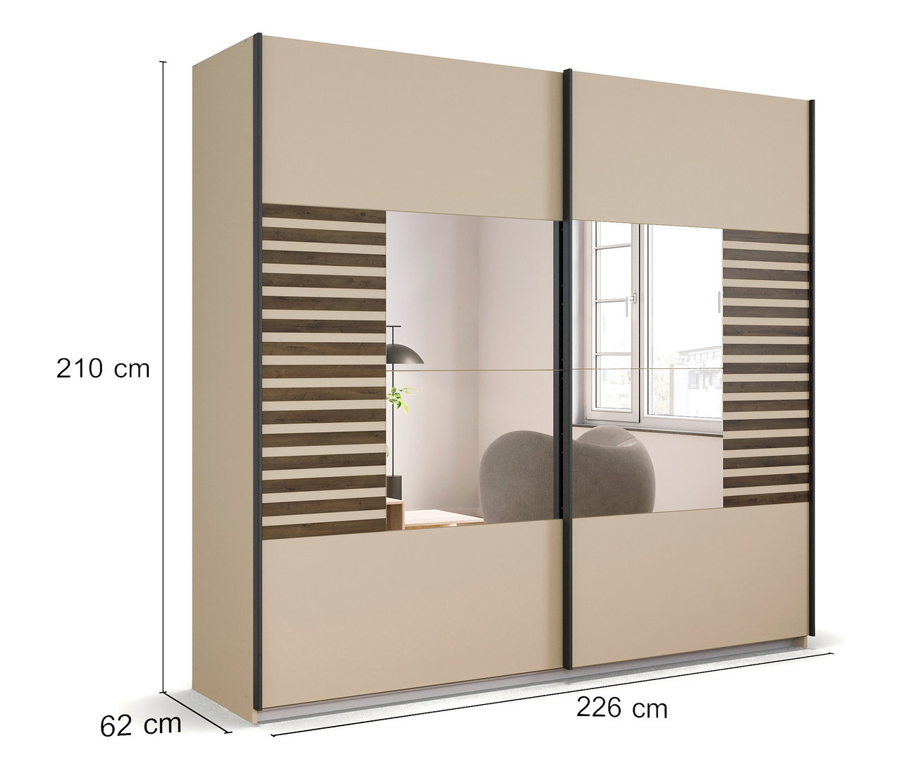 Beiger, 2-türiger rauch Kleiderschrank »Barea« mit Spiegel und braunen Zierstreifen. Die Maße sind 210x226x62 cm.