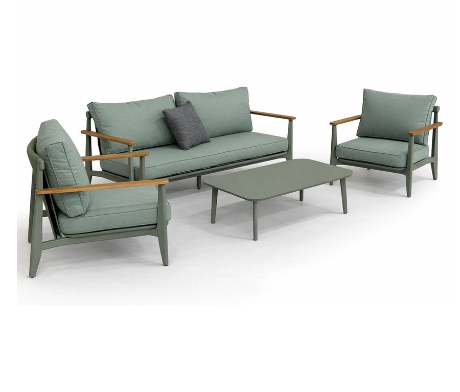 Das Leco Lounge-Set inkl. Tisch besteht aus einem Sofa mit Kissen, zwei Sesseln und einem Tisch in Grau mit Holzarmlehnen.