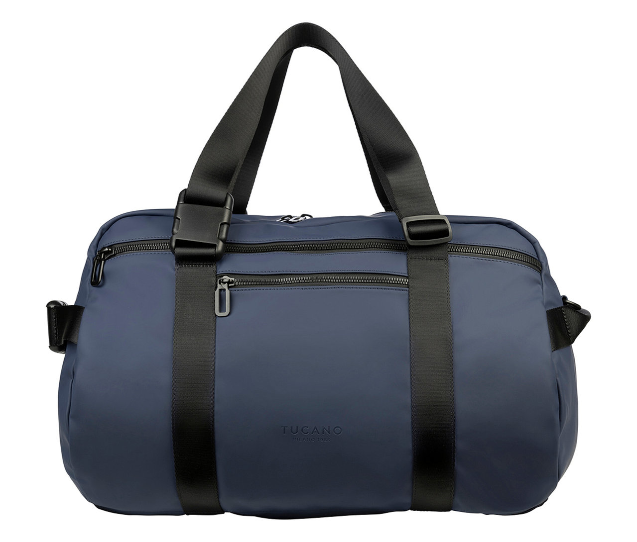 Marineblaue TUCANO Reisetasche mit schwarzen Trägern und Reißverschlüssen vor einem weißen Hintergrund.