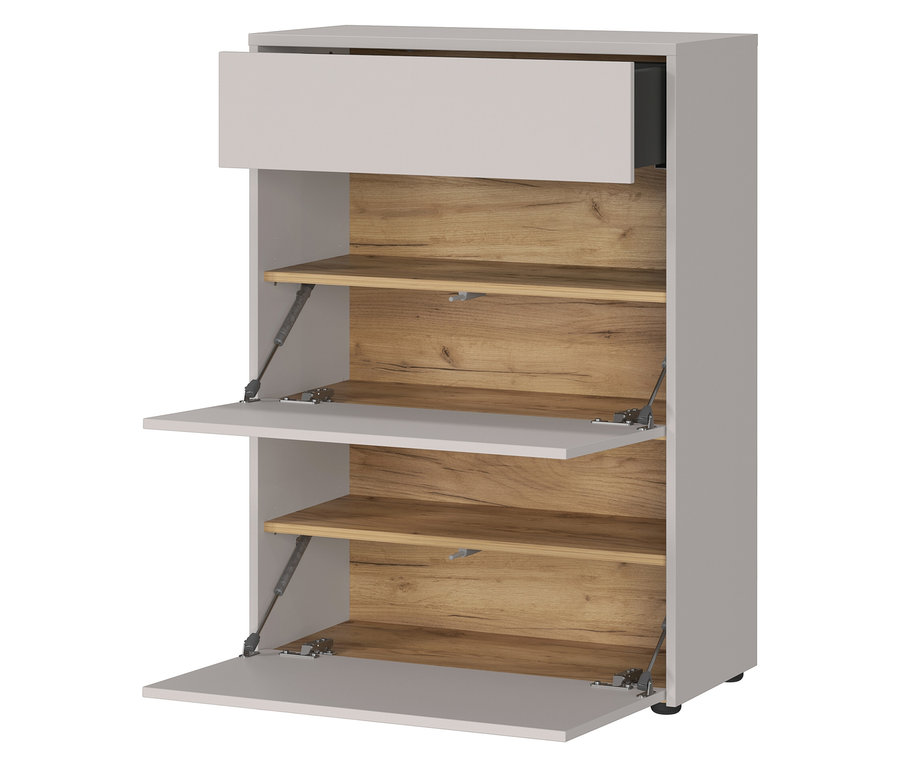 Grauer Schuhschrank mit Schublade und drei offenen Fächern mit Holzrückwand.