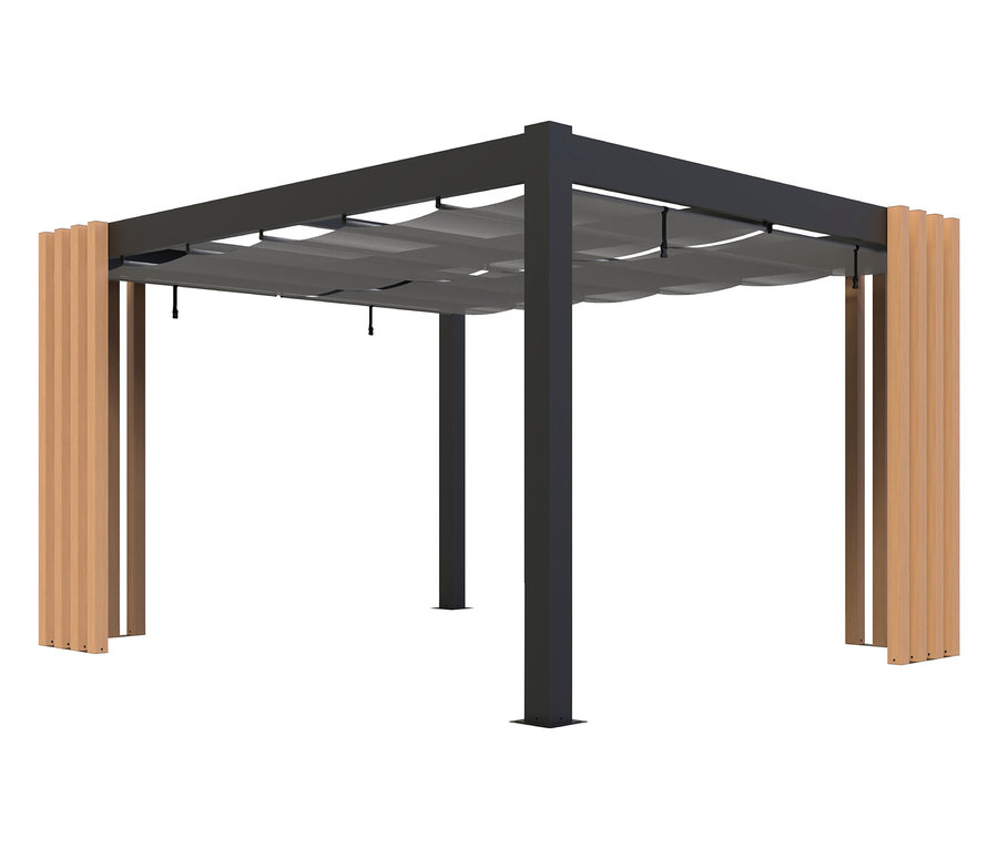 Schwarze Pergola mit Stoffdach und Holzpaneelen an den Seiten.