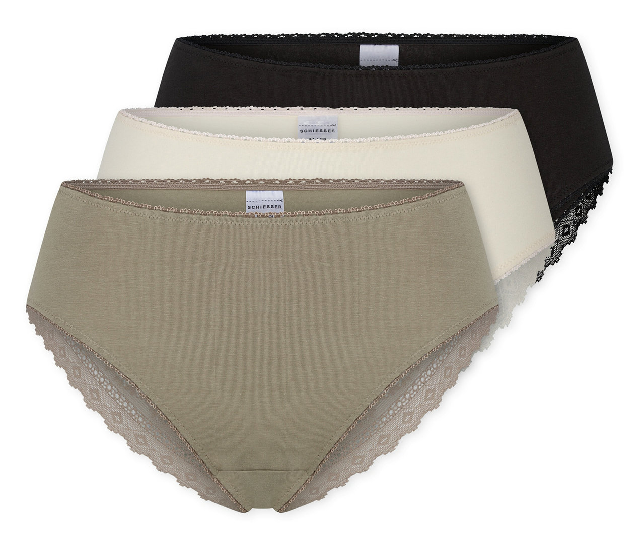 Drei SCHIESSER Brazilian-Slips in Schwarz, Creme und Olivgrün, übereinander gestapelt, mit Spitzenbesatz.