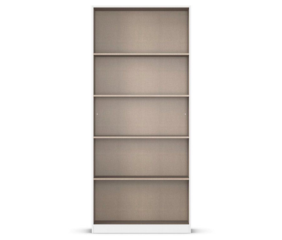 Ein hoher, schmaler, weißer Bücherschrank mit fünf Regalen steht vor einem weißen Hintergrund.
