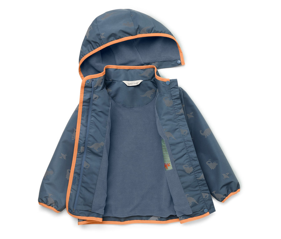 Geöffnete, blaue Kinderjacke mit Kapuze und Dinosaurier-Muster, orangefarbenen Akzenten und blauem Innenfutter.