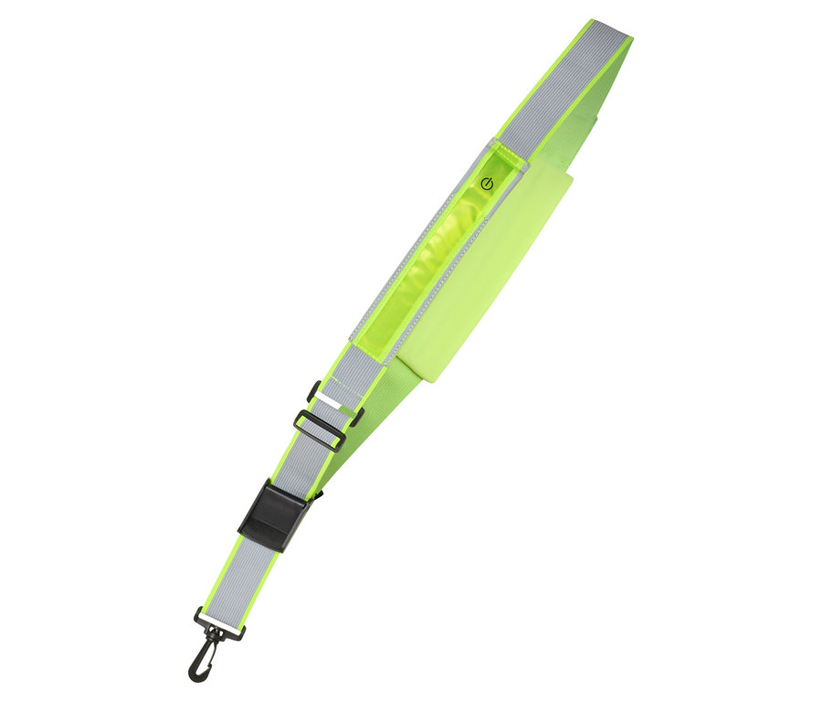 Neongrünes Sportarmband mit reflektierendem Streifen, einem Ein-/Aus-Symbol, einer verstellbaren schwarzen Schnalle und einem schwarzen Clip.
