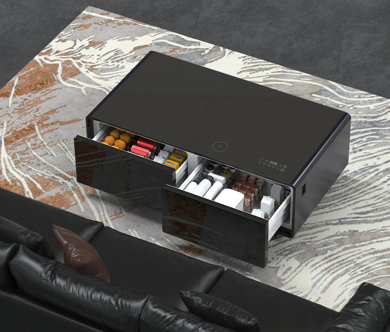 Schwarzer Caso Sound & Cool mit zwei offenen Schubladen auf einem gemusterten Teppich.